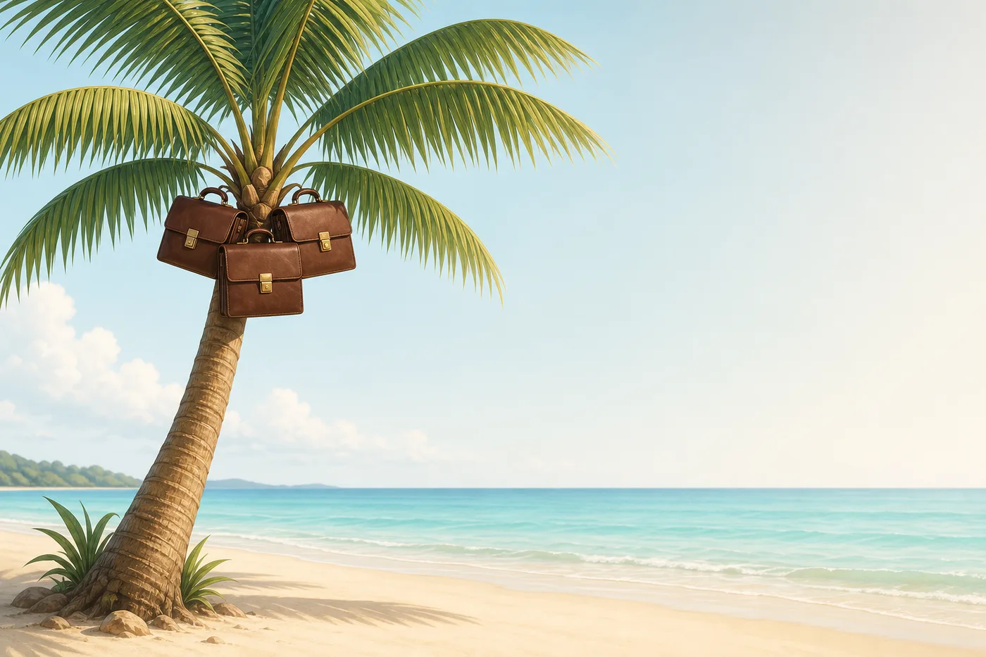Palm tree with briefcases growing from it instead of coconuts