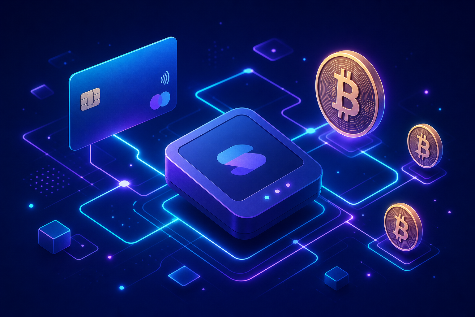 Abstract illustration of digital payments with card and crypto symbols