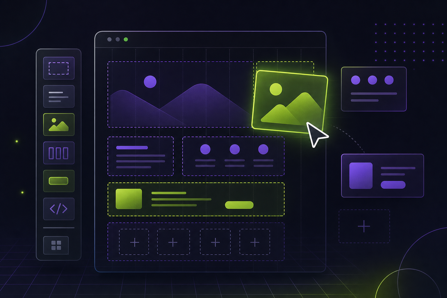 Abstract illustration of a visual landing page builder with layout blocks